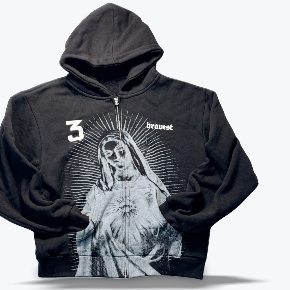 Bravest Studios Zip Hoodie Virgin Mary Graphic Streetwear Black Size M